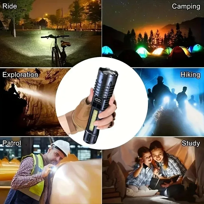 고출력 LED 손전등 휴대용 줌 토치 타입-C 충전식 방수 라이트 COB 사이드 램프 포함 야외 캠핑 하이킹용
