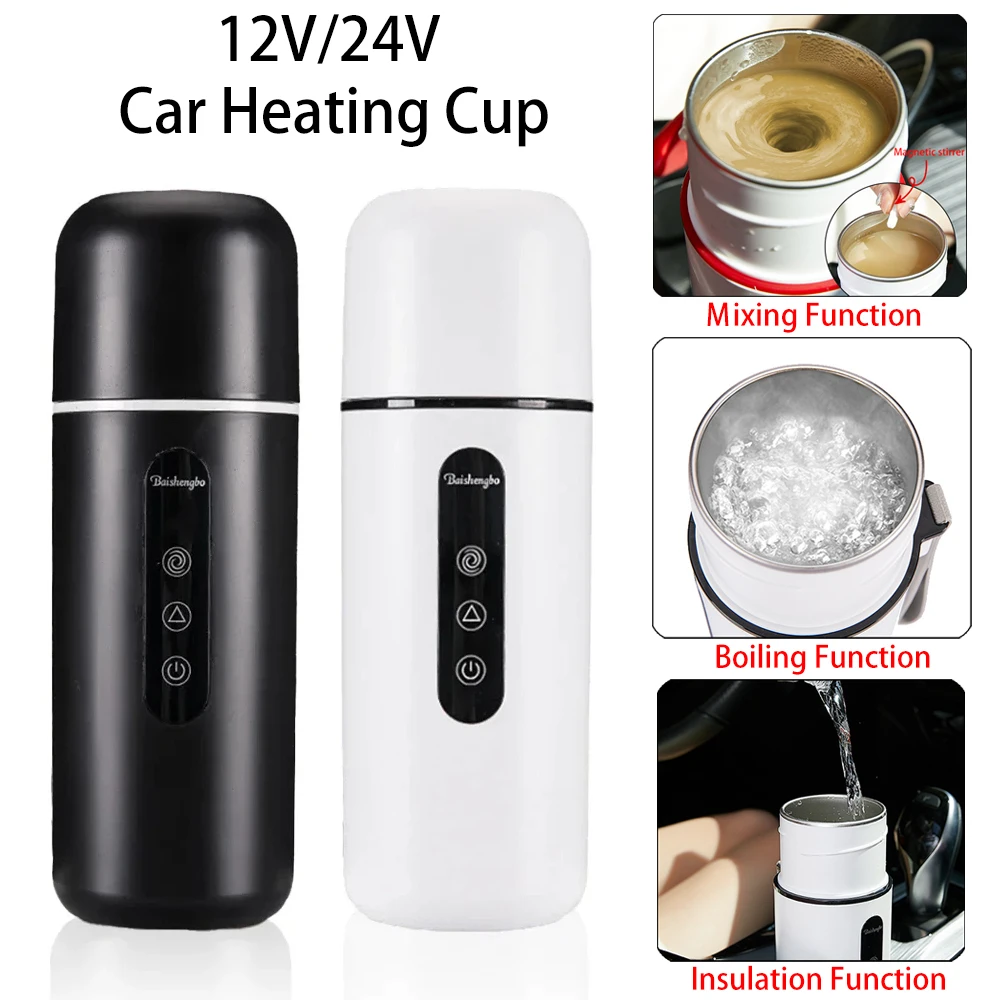 12V/24V 420ml Car Heating Cup Electric Kettle with Automatic Stirring Function Stainless Steel Warmer Bottle LCD Display