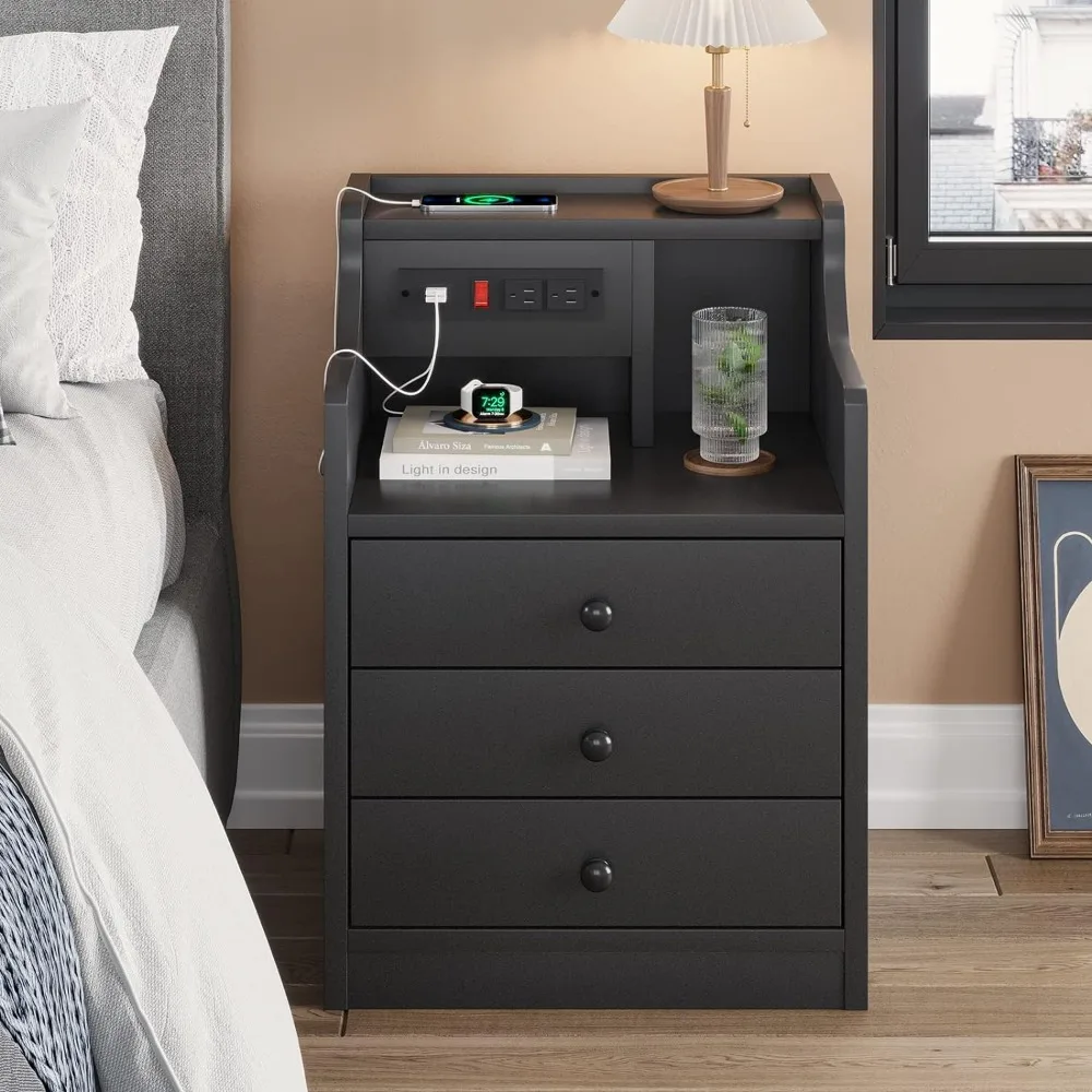 

Black Night Stand for Bedroom Nightstand With Charging Station Bedroom Bedside Table End Table With Hutch & Storage Drawers Home