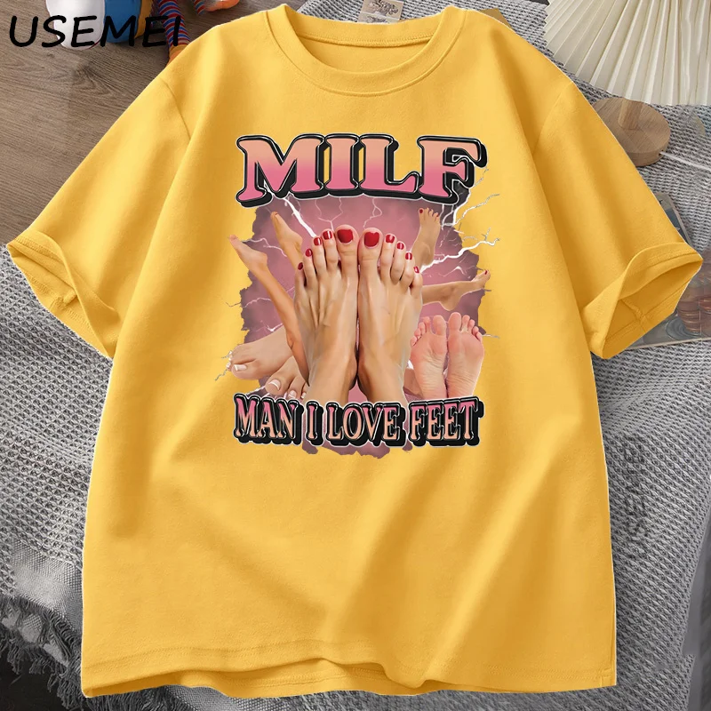 Men's Adult Humor Graphic T-Shirt - MILF Man I Love Feet - Funny Gag Tee, Round Neck, Short Sleeve, Casual Loose Streetwear