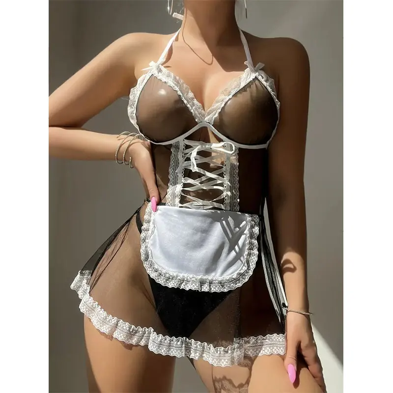 Women French Apron Maid Dress T Briefs Bra Set Porno Crotchless Underwear Erotic Costumes Cosplay Lolita Uniform Sexy Lingerie women lingerie,women lingerie set,women cosplay costume