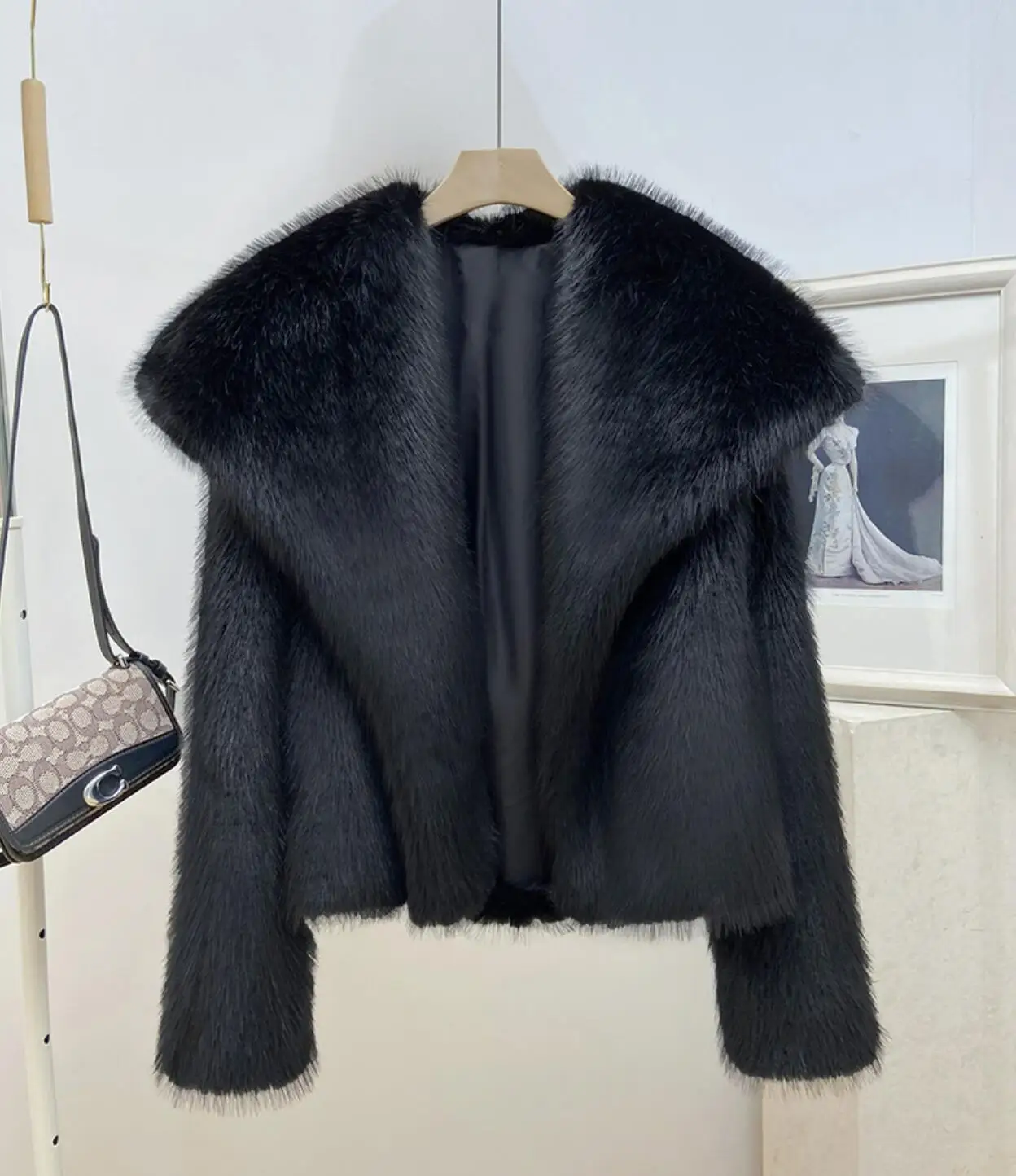 grande, manga cheia, casaco curto solto, preto cáqui, inverno, 2023