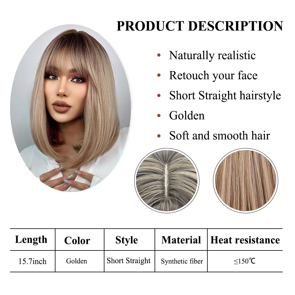 EASIHAIR Short Straight Bob Wigs with Bang Golden Brown Natural Synthetic Hair for Women Daily Cosplay Heat Resistant Fiber Wigs image_1