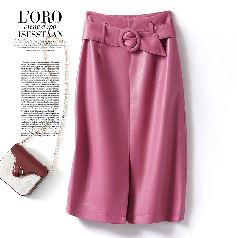 Real Leather Skirt for Women New Fashion High Waist Front Split Wrap Skirts Chic Ladies Knee-length Sheepskin Skirts with Belt