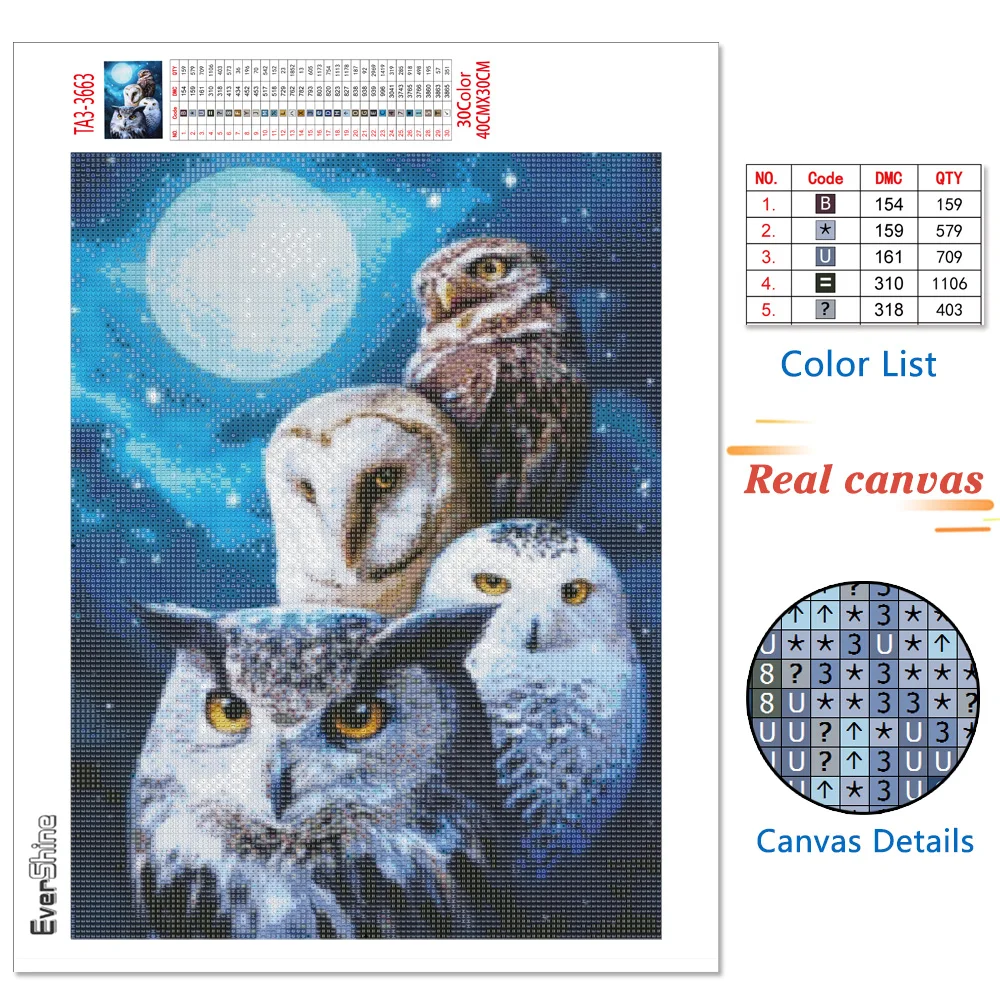 EverShine Diamond Painting Full Square Owl Cross Stitch Diamond Mosaic Animal Bead Embroidery Picture Rhinestone Wall Decoration