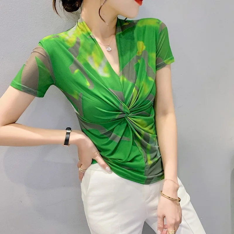 

#5190 T-shirt Women Sexy V-neck Tie Dye Printed Tshirt Summer Vintage Skinny Wrap T Shirt Short Sleeve Thin Women's Tee Shirt