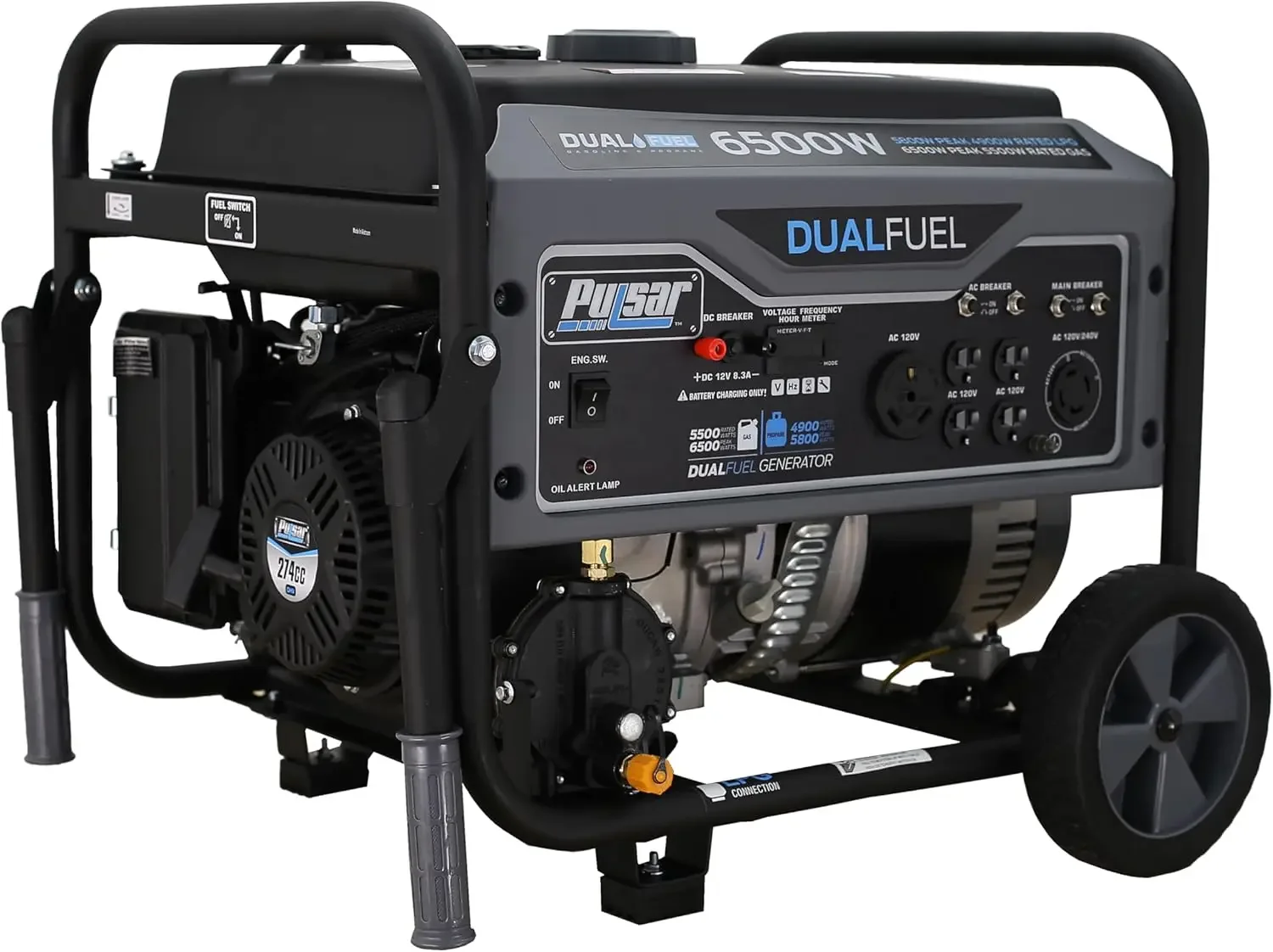 Portable Gas and LPG Dual Fuel Generator 5500 Rated 6500 Peak Watts, RV Ready, CARB Compliant, Black&White
