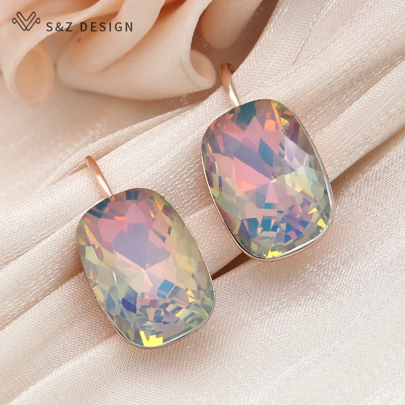 S&Z DESIGN New Fashion Rectangle Colorful Crystal Dangle Earrings For Women Wedding 585 Rose Gold Color Jewelry Eardrop