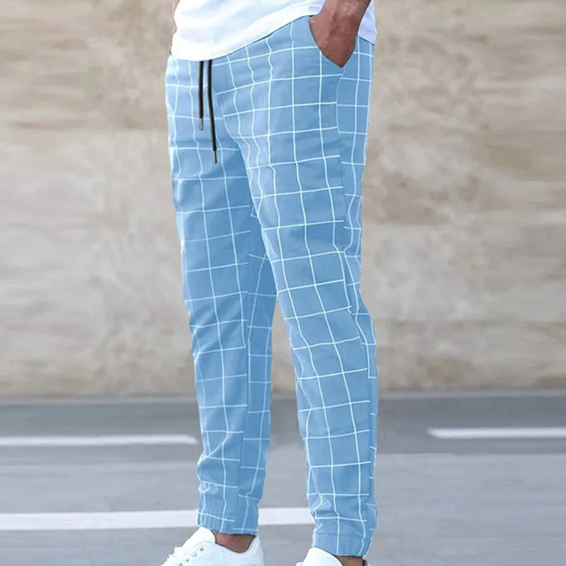 2023 Autumn Minimalist Fashion Trend Plaid Hoodie Versatile Casual Drawstring Contrast Loose Fitting Men's Temperament Pants