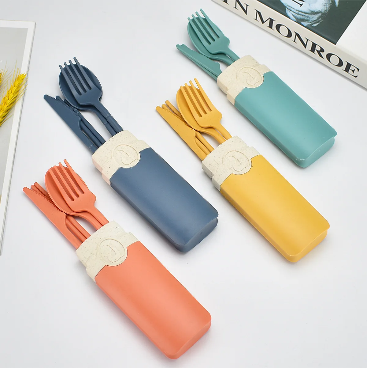 Reusable Utensil Set with Case,Travel Utensil with Chopsticks,Wheat Straw  Silverware Including Knife Spoon Fork 4 Sets for Travel Picnic Camping or