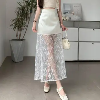 Gonna con cuciture in pizzo Abito a fiori con gancio in pizzo a vita alta 2025 Abito da donna per pendolari da ragazza alla moda primaverile ed estiva