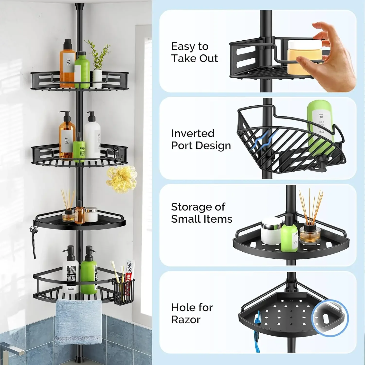 Corner Shower Caddy Tension Pole: Quick Installationr Rustproof Bathroom Organizer Shelves 5