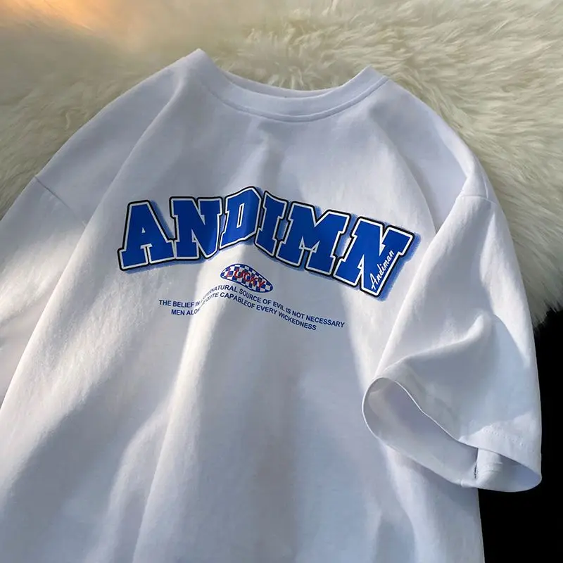 

Cotton letter printing short sleeved T-shirt men and women couple outfit summer Korean version trend all match student style