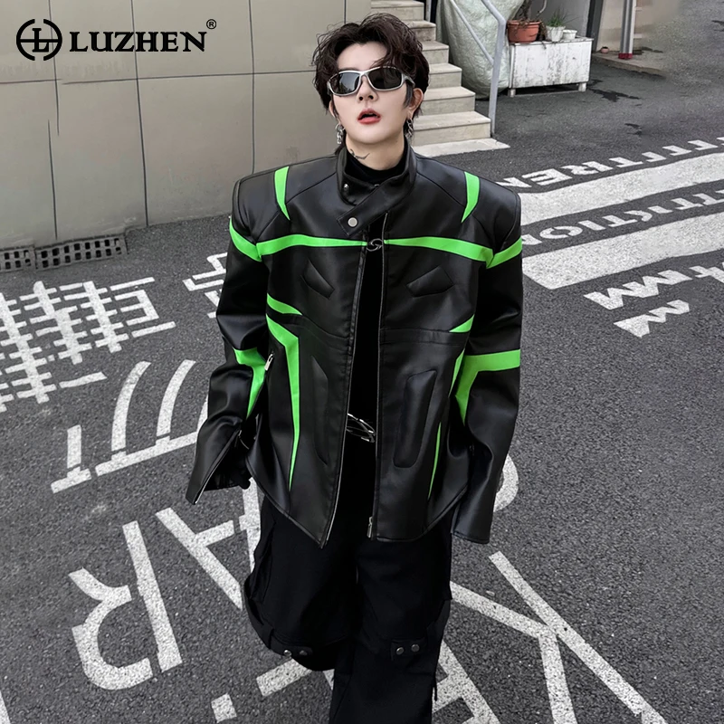 

LUZHEN 2024 Spring Stand Collar Color Contrast Spliced Design Loose Leather Jacket Men High Street Handsome Fashion Coat LZ1202