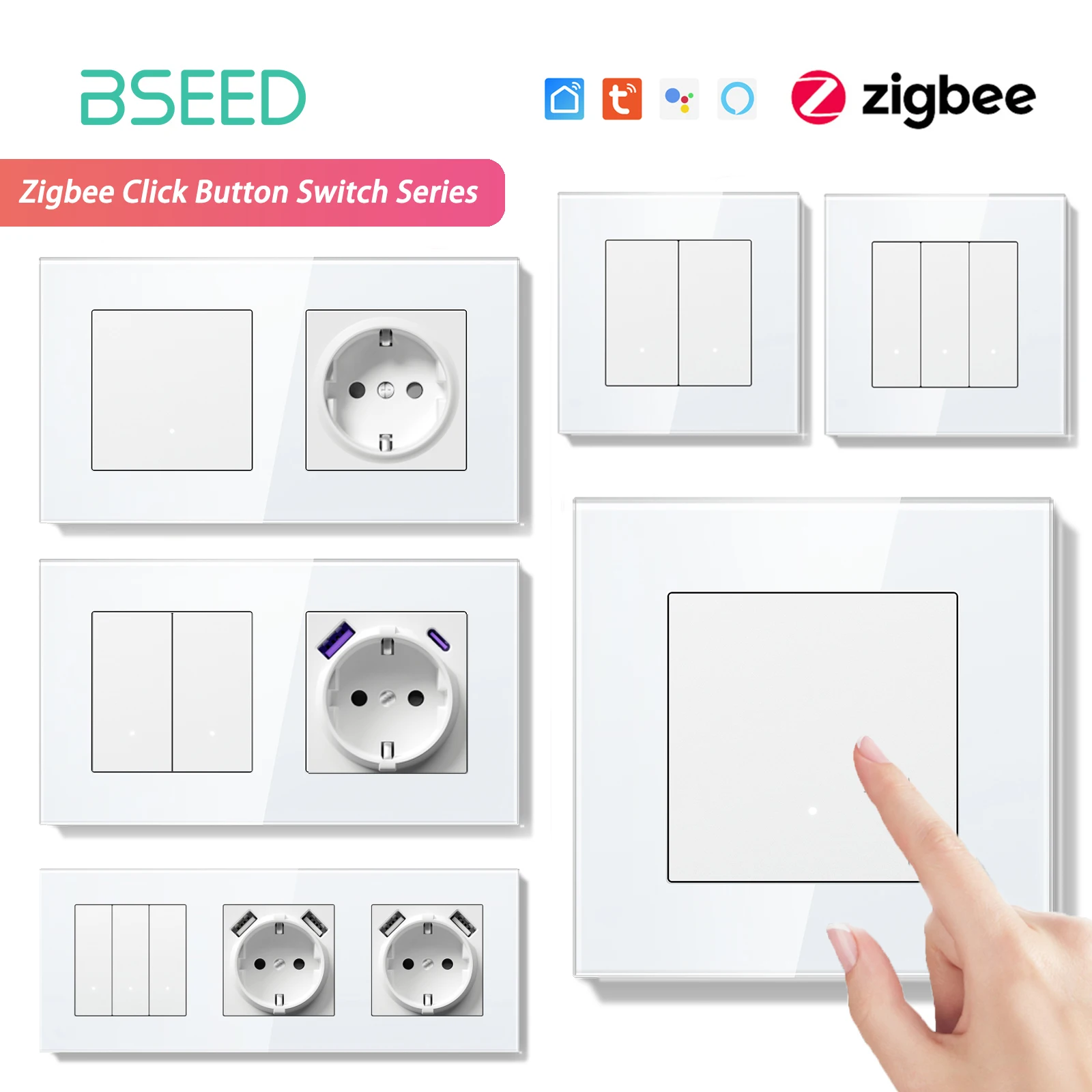 BSEED Zigbee สวิทช์ไฟ 1/2/3Gang 2Way สมาร์ทคลิกปุ่มสวิทช์แผงกระจกไฟ LED สีขาว Tuya Smart Life Alexa Control 1