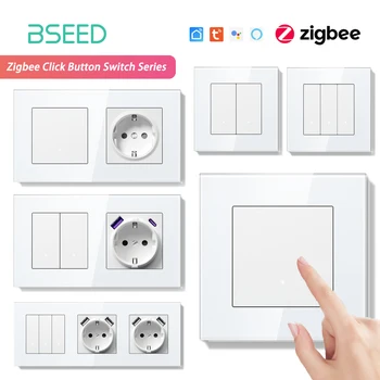 BSEED Zigbee สวิทช์ไฟ 1/2/3Gang 2Way สมาร์ทคลิกปุ่มสวิทช์แผงกระจกไฟ LED สีขาว Tuya Smart Life Alexa Control 1