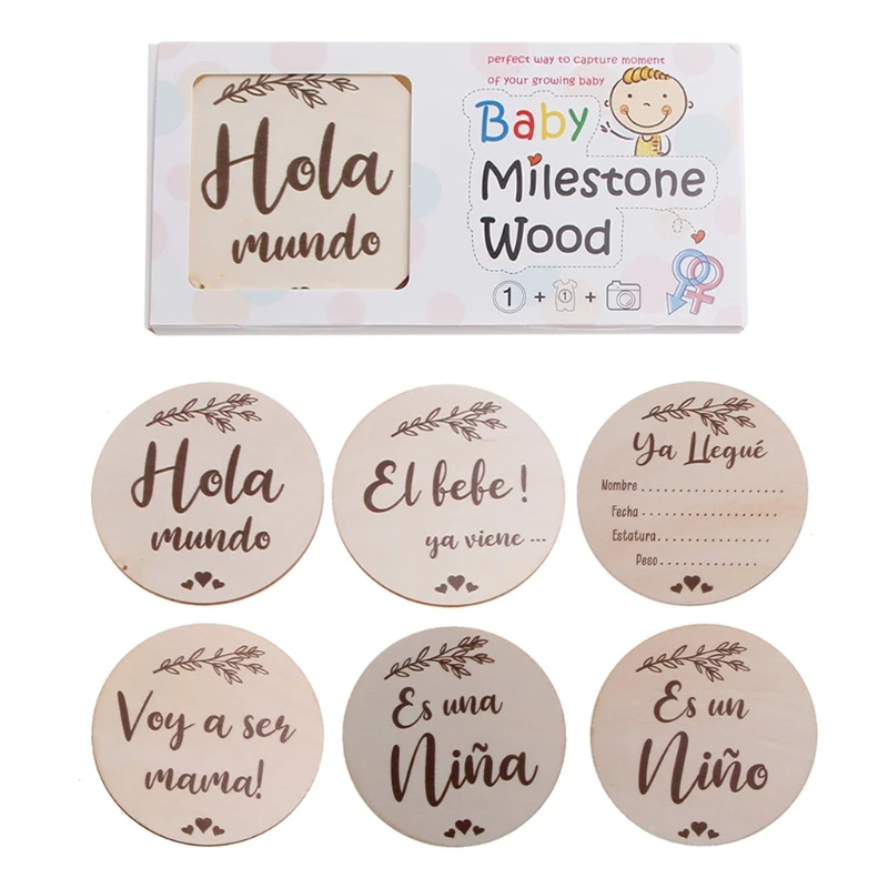 6 Pcs/Set Handmade Baby Milestone Cards Newborn Monthly Recording Cards Spanish Language Letters Leaves Print Photocards Infants