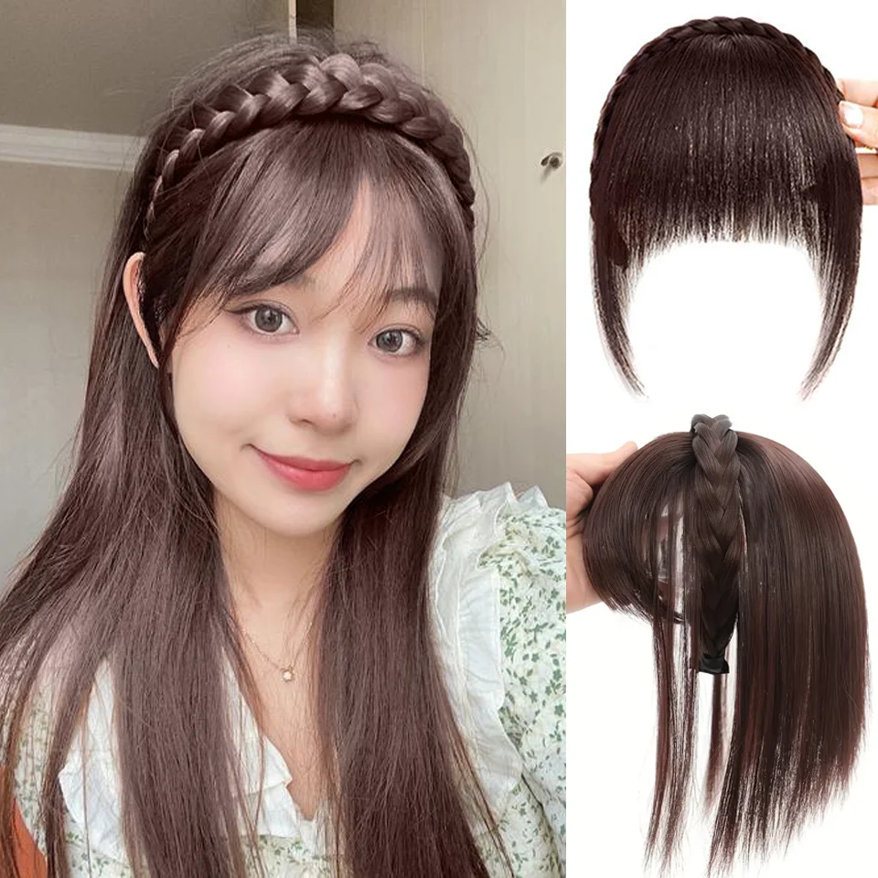 LUPU Schickes geflochtenes Stirnband mit Clip-in-Haaraufsatz und Pony – natürliche, synthetische, glatte Haarverlängerungen für Frauen – Detail 4