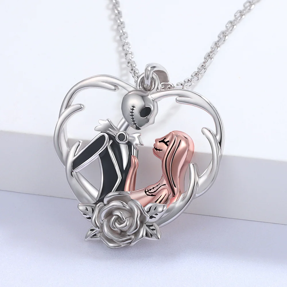 

925 Sterling Silver Nightmare Necklace Skull Rose Flower Heart Pendant Jewelry Christmas Day Gifts for Women Girls Girlfriend