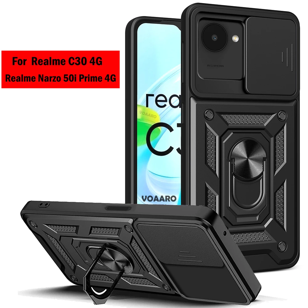 Slide Lens Protective Funda for Realme C30 4G Case for OPPO Realme Narzo  50i Prime 4G C30 Case Magnetic Ring Holder Armor Cover