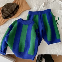 Spring Autumn Kids Knitted Clothing Set Long Sleeved Striped Pullover Sweater+Shorts Baby Boys Girl Clothes Suit Children Suit