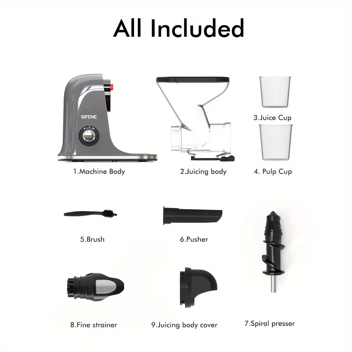 SiFENE Cold Press Juicer - Slow Masticating, High Yield for Fruits & Veggies, Dual-Mouth, Anti-Clog, Easy Clean, BPA-Free, Gray 6