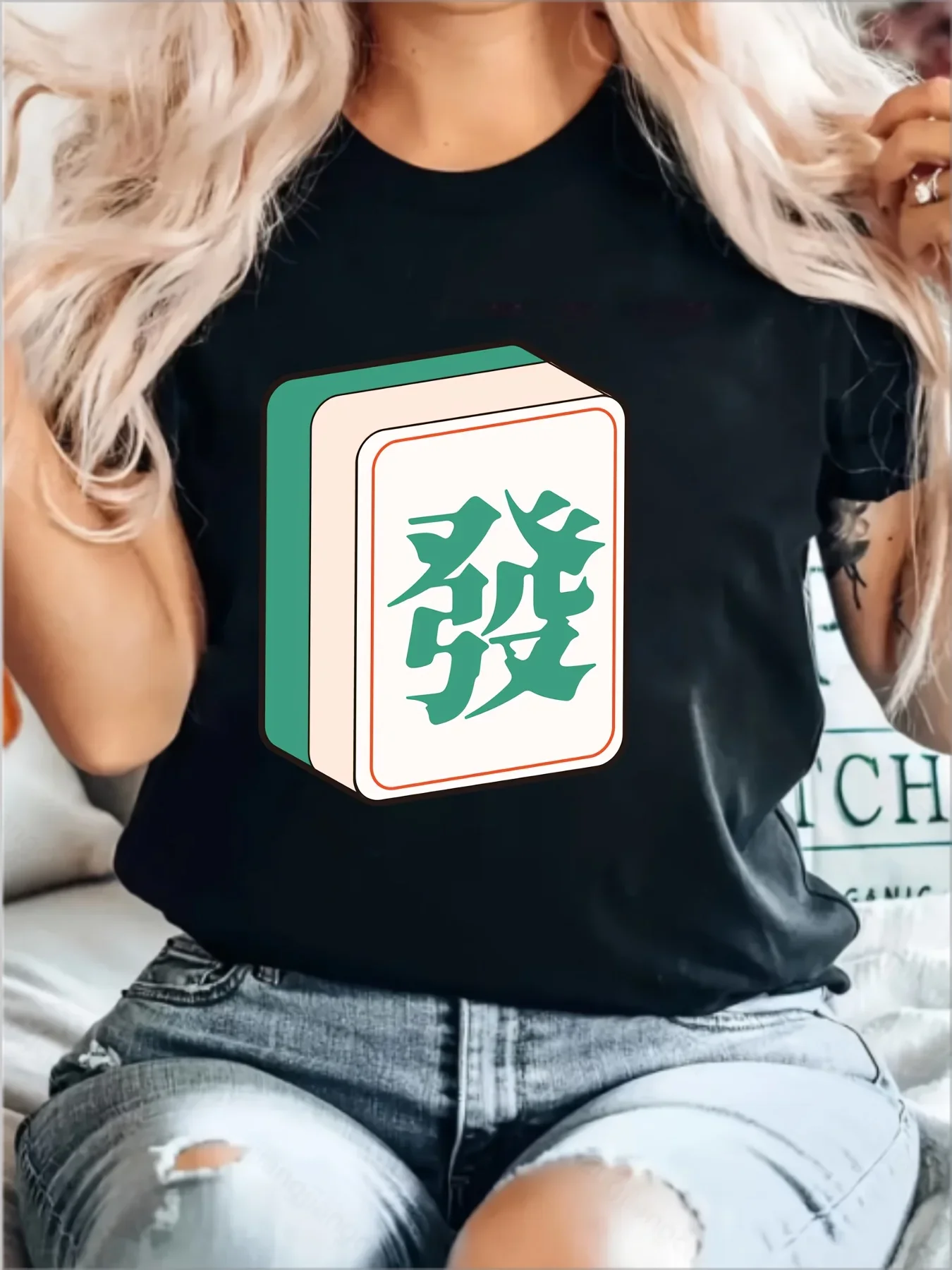 

Повседневная хлопковая Футболка с принтом китайского Маджонга, женские и мужские эластичные удобные спортивные топы с круглым вырезом и короткими рукавами, женская футболка