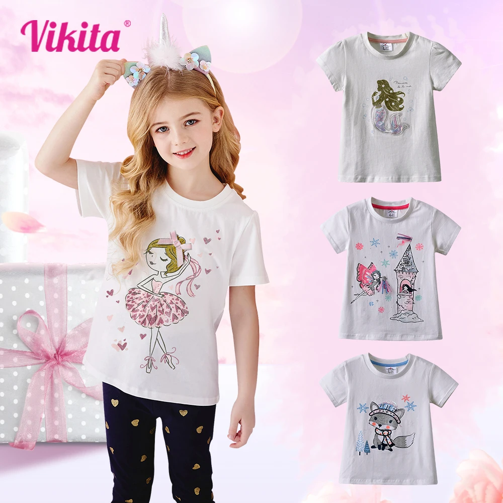 

VIKITA 2023 Girls Clothes Summer T-shirt Unicorn Toddlers Clothing Children Cartoon Cotton Kids Tops and Tees Girl 3-8 Years