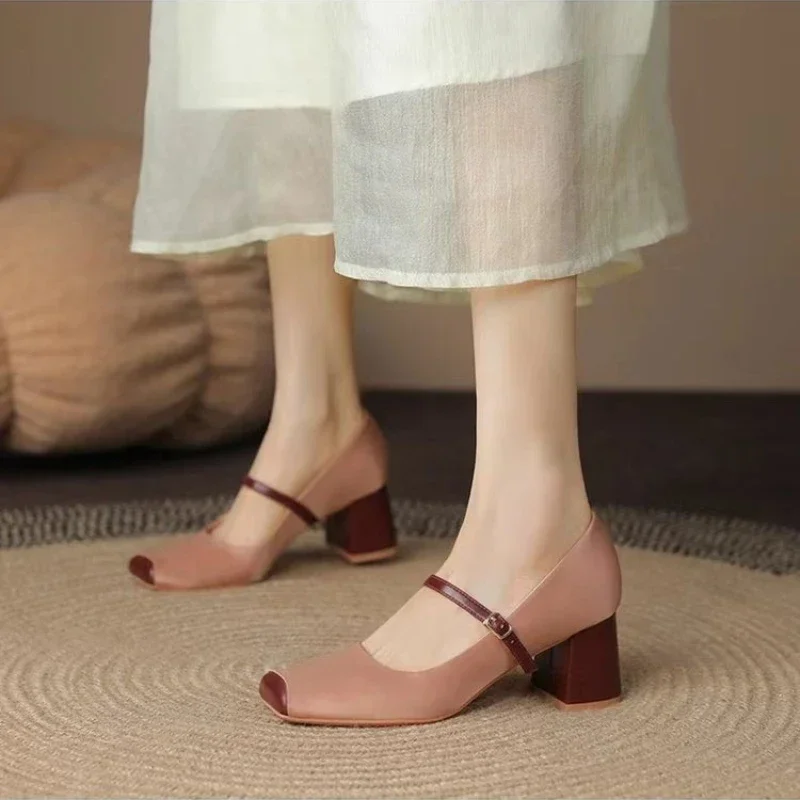Women Spring Luxury Mary Jane Shoes Autumn Fashion Square Toe Shallow Ladies Elegant Dress Single Leather Shoes Square Heel Pump 2
