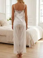 Ensemble pyjama en Satin blanc pour femmes, vêtements de nuit d'été, bretelles Spaghetti en dentelle, camisole avec pantalon, ensembles deux pièces 4