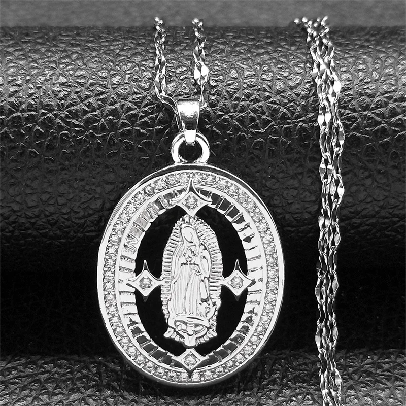Coquette Jungfrau Mary Kupfer Zirkon Medaille Anhänger Halskette für Frauen Männer Edelstahl Silber Farbe unsere Dame Guadalupe Schmuck