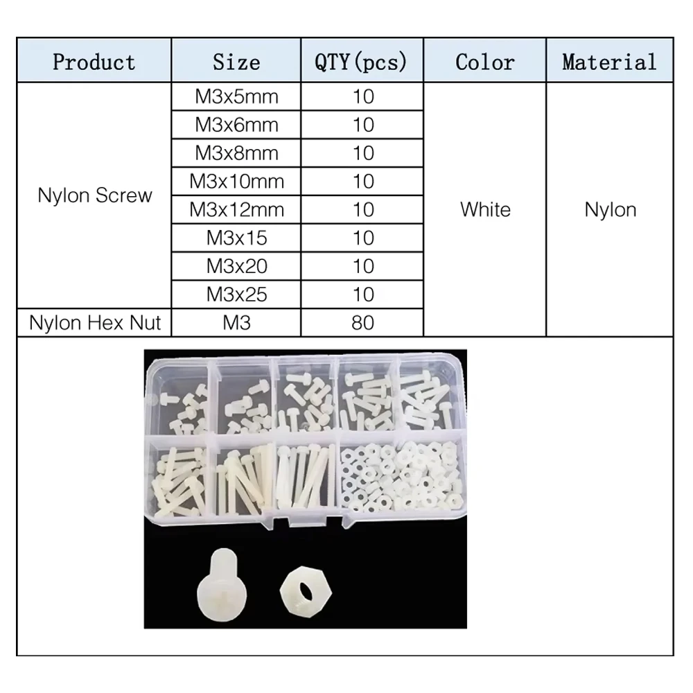 Plastic Machine Screw Nut Washer Box M2.5 M3 M4 M5 M6 White Nylon Phillipis Round Head Bolt Set Nylon Screw Classification Kit