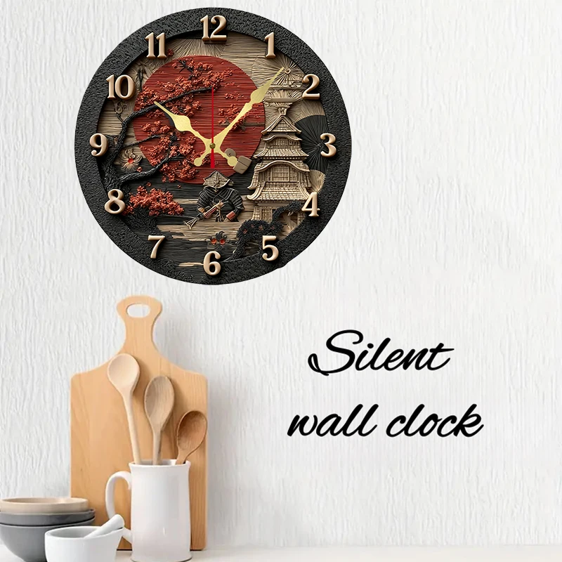 ساعة حائط خشبية مستديرة صامتة معلقة على شكل سامورا...