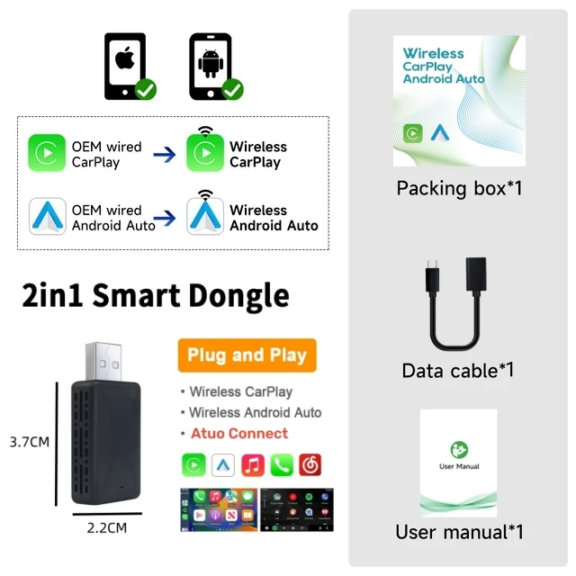 Wireless Carplay Adapter Android Auto Wireless Smart Dongle 2in1 For Mazda CX-5 CX-3 CX-30 CX-50 CX-70 CX-90 Mazda3