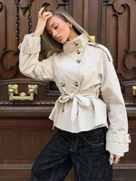 Manteau trench court croisé ceinturé pour femme, col montant, manches longues, décontracté, nouvelle collection, vêtement d'extérieur pour femmes 6