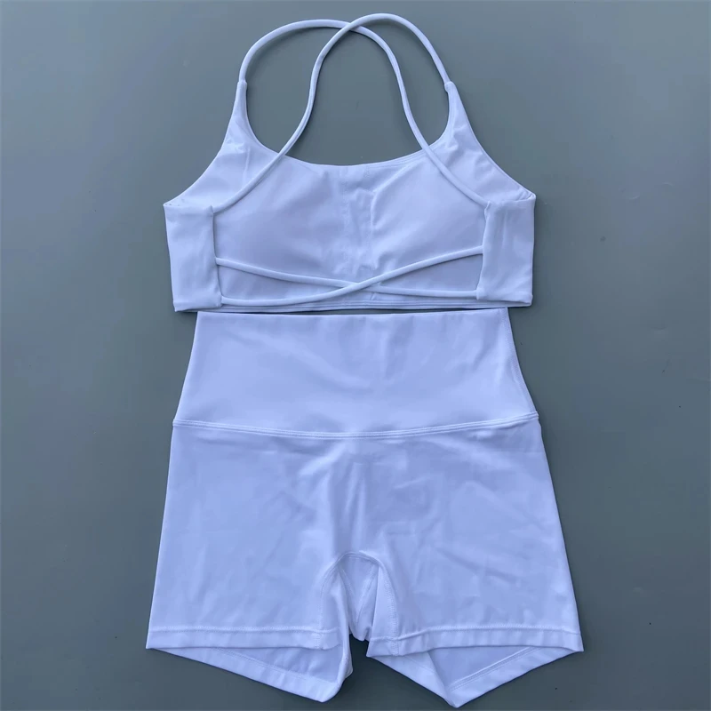 Solid Color Gym Bike Yoga Set Short Leg Cross Sport Bra Workout Outfit Athletic Women Gym Suit Comprehensive Training Tracksuit