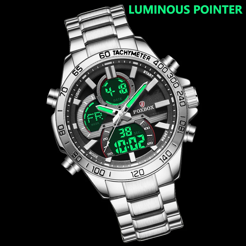 FOXBOX Brand Military Sport Mens Watches Multifunction Digital Stainless Steel Wristwatch Quartz Male Clock Relogio Masculino
