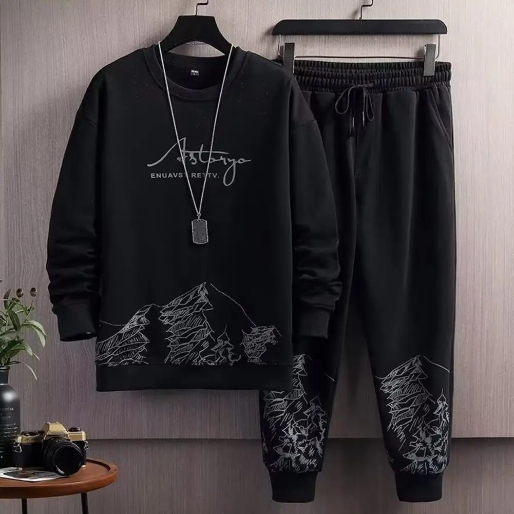 

Men Sweatshirt Pants Set Mountain Print O-neck Sweatshirt Jogger Pants Set for Men Autumn Winter Tracksuit with Elastic Waist