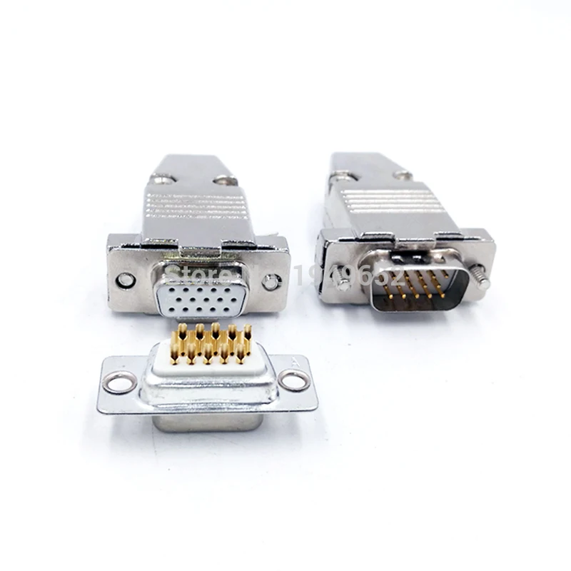 

10pcs DB15 VGA Plug D type connector metal case golden plated brass contactor 3 row 15pin port socket female Male adapter DP15