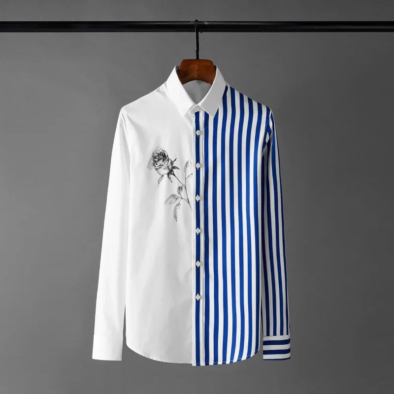 

Minglu Stripe Mens Shirts Luxury Long Sleeve Rose Printed Casual Male Plus Size 4xl Fashion Slim Fit Party Man