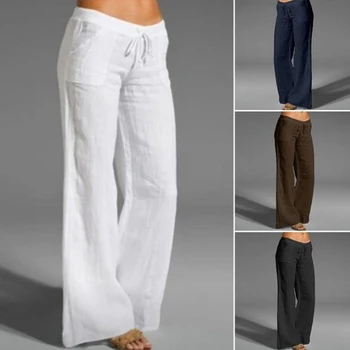 2023 new Women Drawstring Casual Pants Cotton Linen White Black Khaki Breathable Spring Summer Straight Trousers S 4XL 1