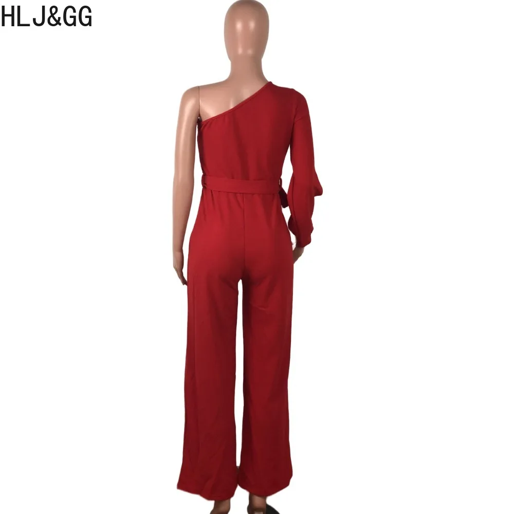 HLJ&GG Casual One Shoudler Bandage Jumpsuits Women Sleeveless Wide Leg Pants Overall Autumn Female One Piece Sporty Playsuits