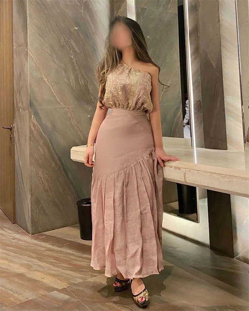 

Noble Popular Pink A-Line One Shoulder Prom Dress Ankle-Length With Draped Evening Summer Party Dress For Women2023