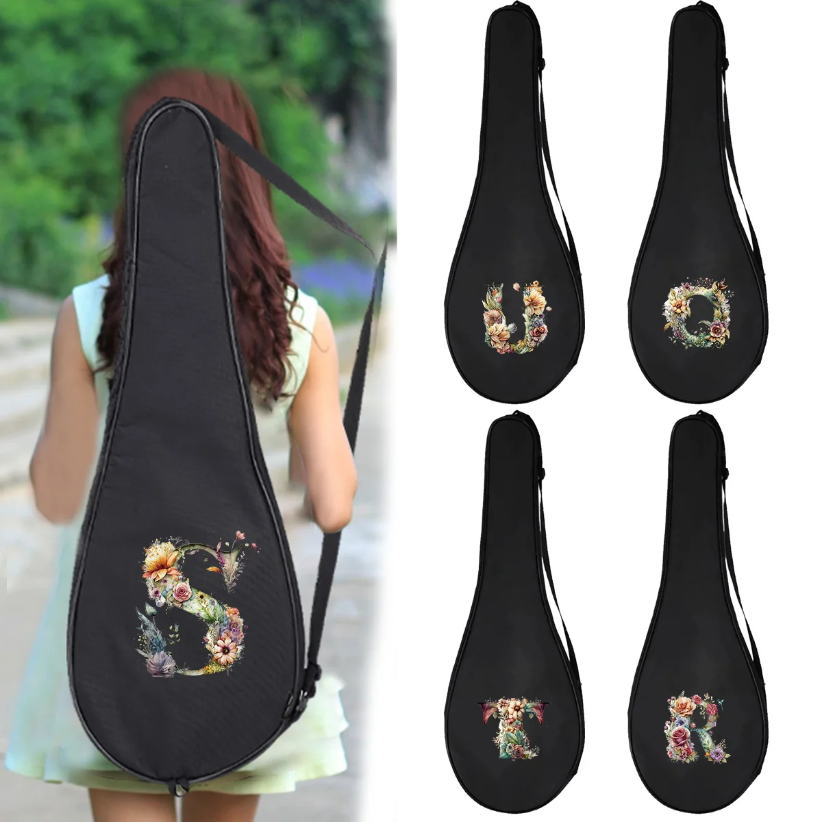 

Thick Badminton Racket Bag Protective Pouch Oxford Portable Tennis Storage Badminton Bat Cover Floral Letter Series