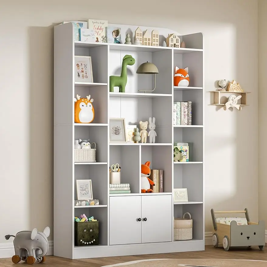 

71" Tall White Bookshelf, 5 Tier Bookcase with 14 Cubbies and 2 Cabinets, Freestanding Book Storage Shelves for Bedroom, Hallway