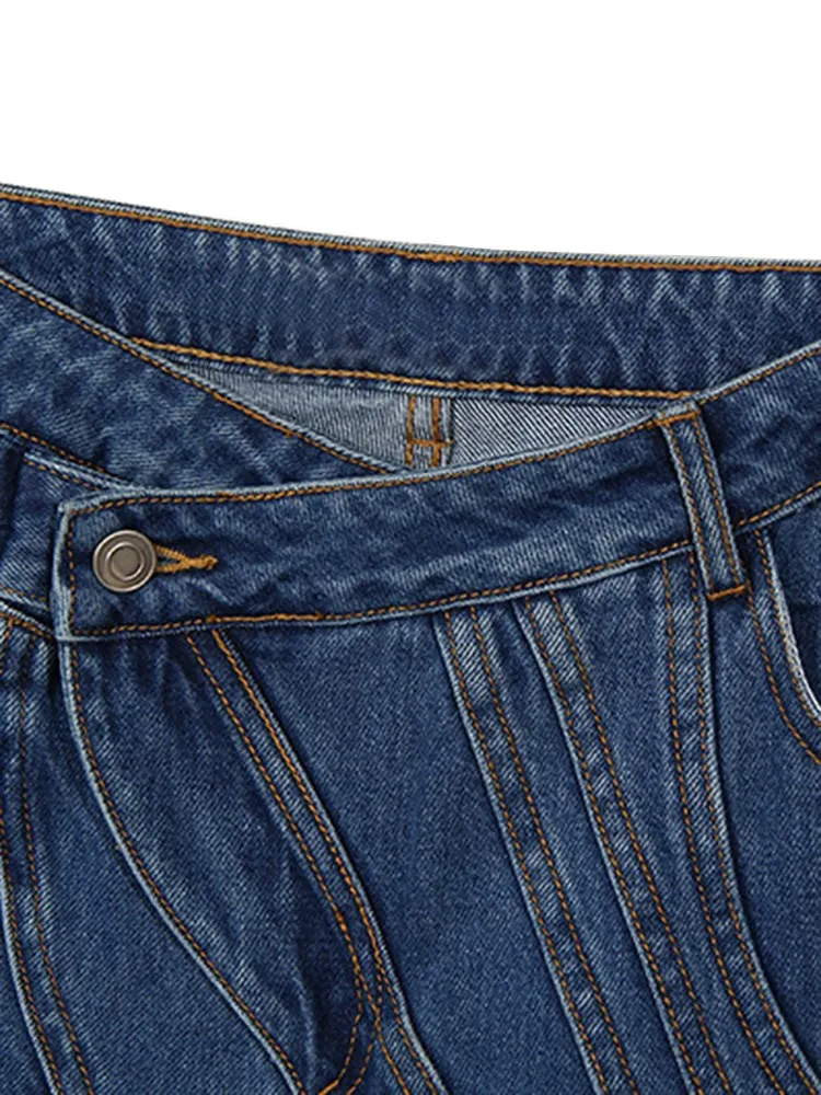 BPN Striped Denim Pants For Women High Waist Asymmetrical Patchwork Pocket Chic Solid Straight Trousers Female Fashion Clothing