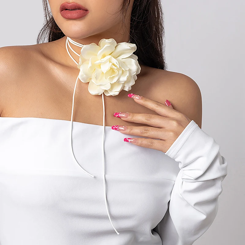 

1Pc Exaggerated Big Rose Flower Clavicle Chain Necklace for Women Romantic Adjustable Bowknot Choker Dinner Party Jewelry