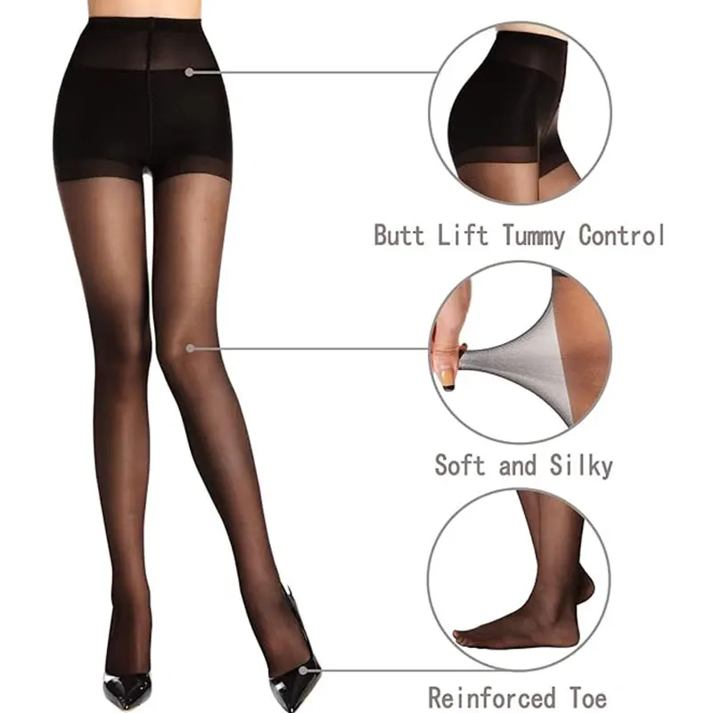 2 pezzi femminile nero alta elasticità anti gancio calze autoreggenti donne collant velati con controllo superiore nylon 20D buona collant elastico - immagine 3