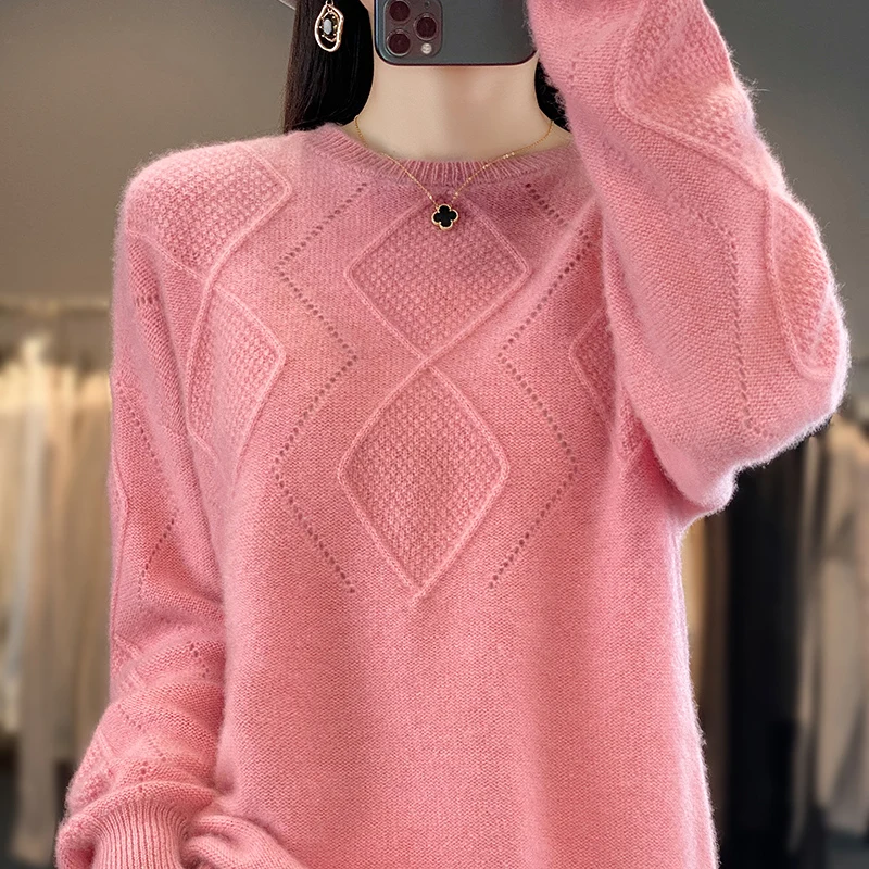 

100% Wool Ladies Sweater O-neck Pullover Cashmere Sweater In Autumn And Winter Knitted Fashion Twisted Solid Color Long Sleeves