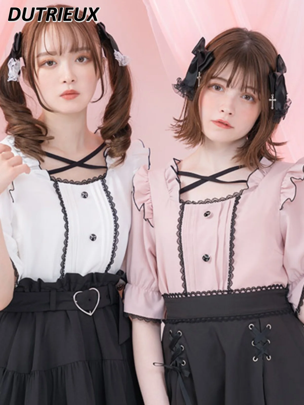 Mine Japanese Lolita Bowknot Short Sleeve Shirt Top Female Sweet Ruffled Square Collar Camisas De Mujer Summer Blouses Women